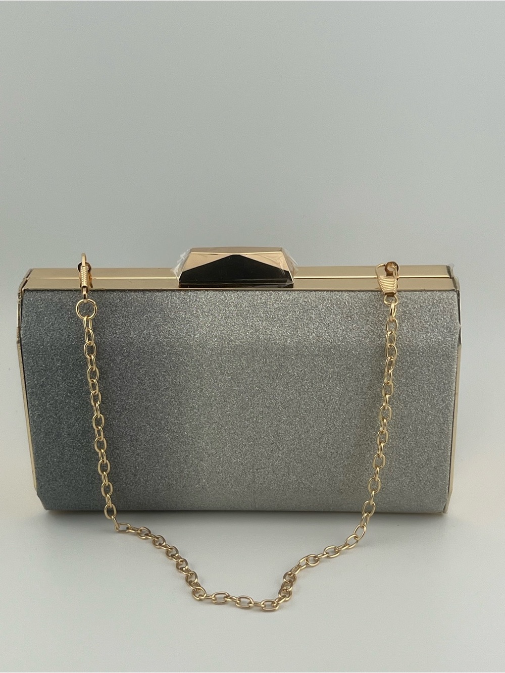 Silver Glitter Evening Clutch with Gold Chain